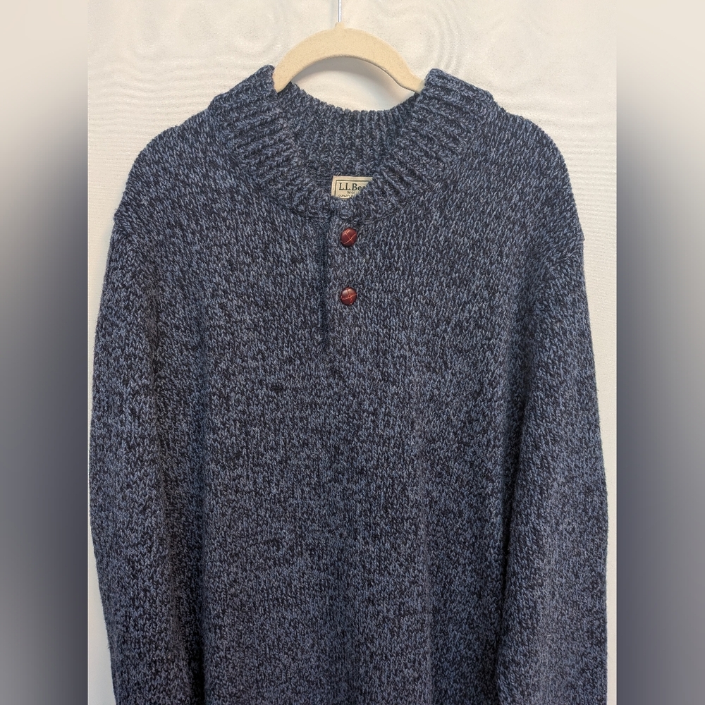 L.L. Bean 100% Lambs Wool VTG Blue Marbled Knit 1/4 Button Up Sweater Size XL - Picture 3 of 12
